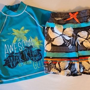 Hawaiian Theme Swim Shorts and Rash Guard …